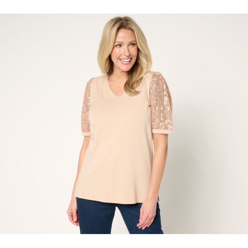 Bishop + Young Women's Top Sz S TripleLuxe Knit Shine Puff Sleeve Brown A679773